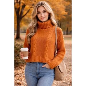 Calvin Klein Jeans Cable Knit Turtleneck Sweater Cropped Rust Orange Small